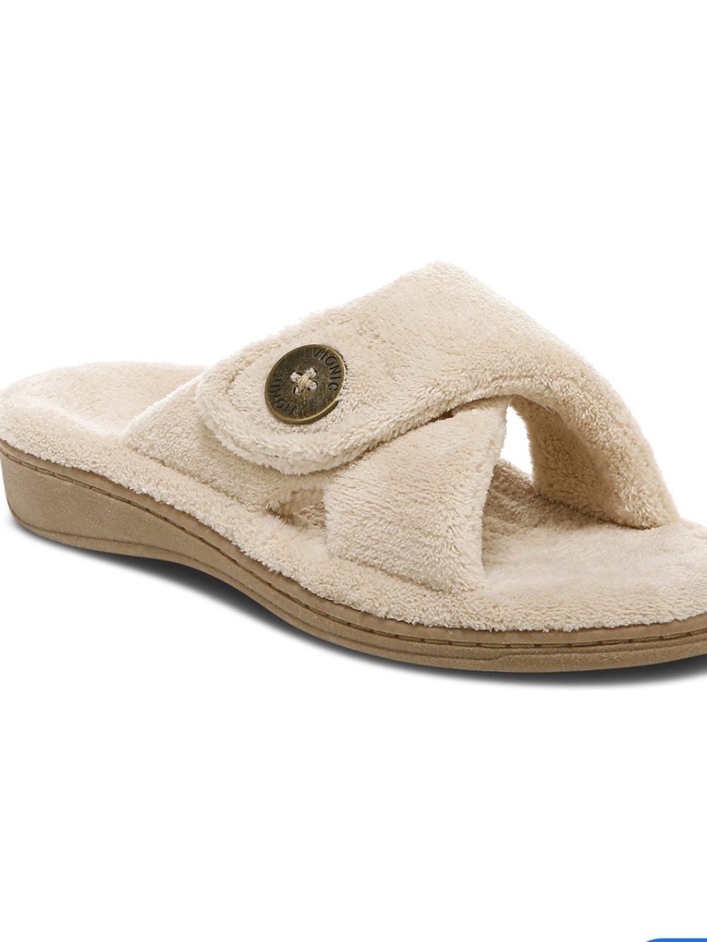 Vionic Pauline Tan Plush Slide Sandals with Branded Button, size 8